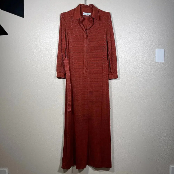 Vintage 70s Orange long Sleeve Shimmery Shirt Dress 10/12 - Picture 2 of 6